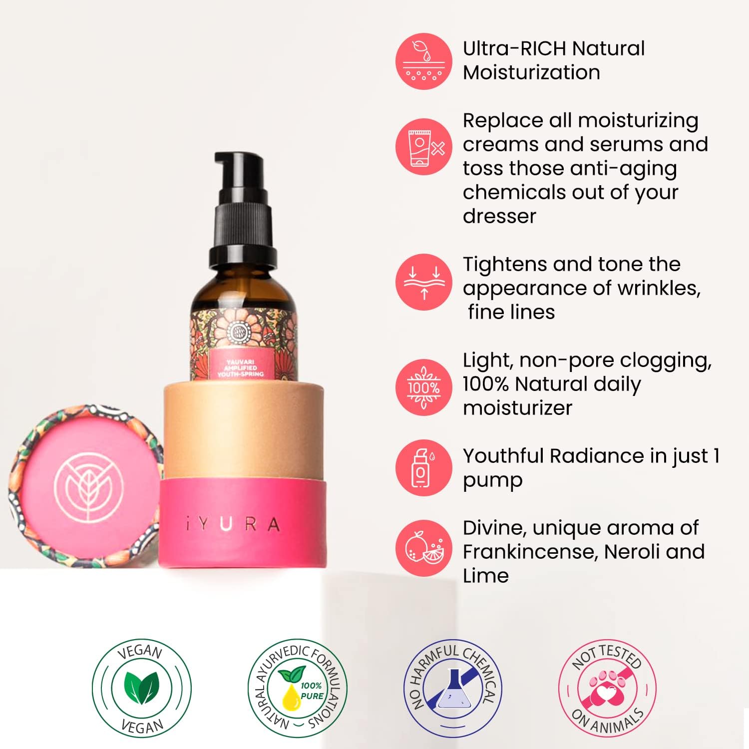 iYURA Yauvari Amplified Youth Spring packaging emphasizes natural vegan formula