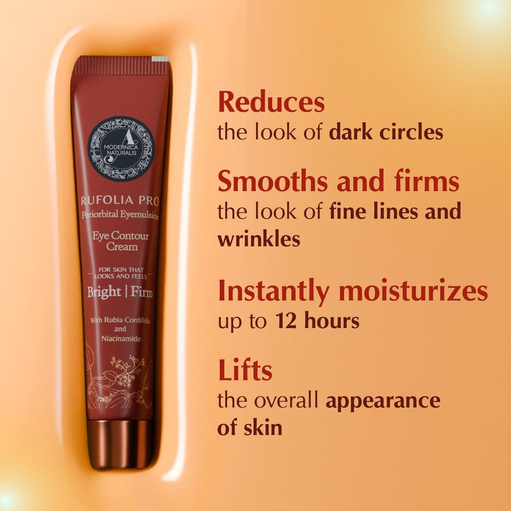Rufolia Pro Eye Cream ingredients Manjistha Aloe Vera Niacinamide for even-toned care.