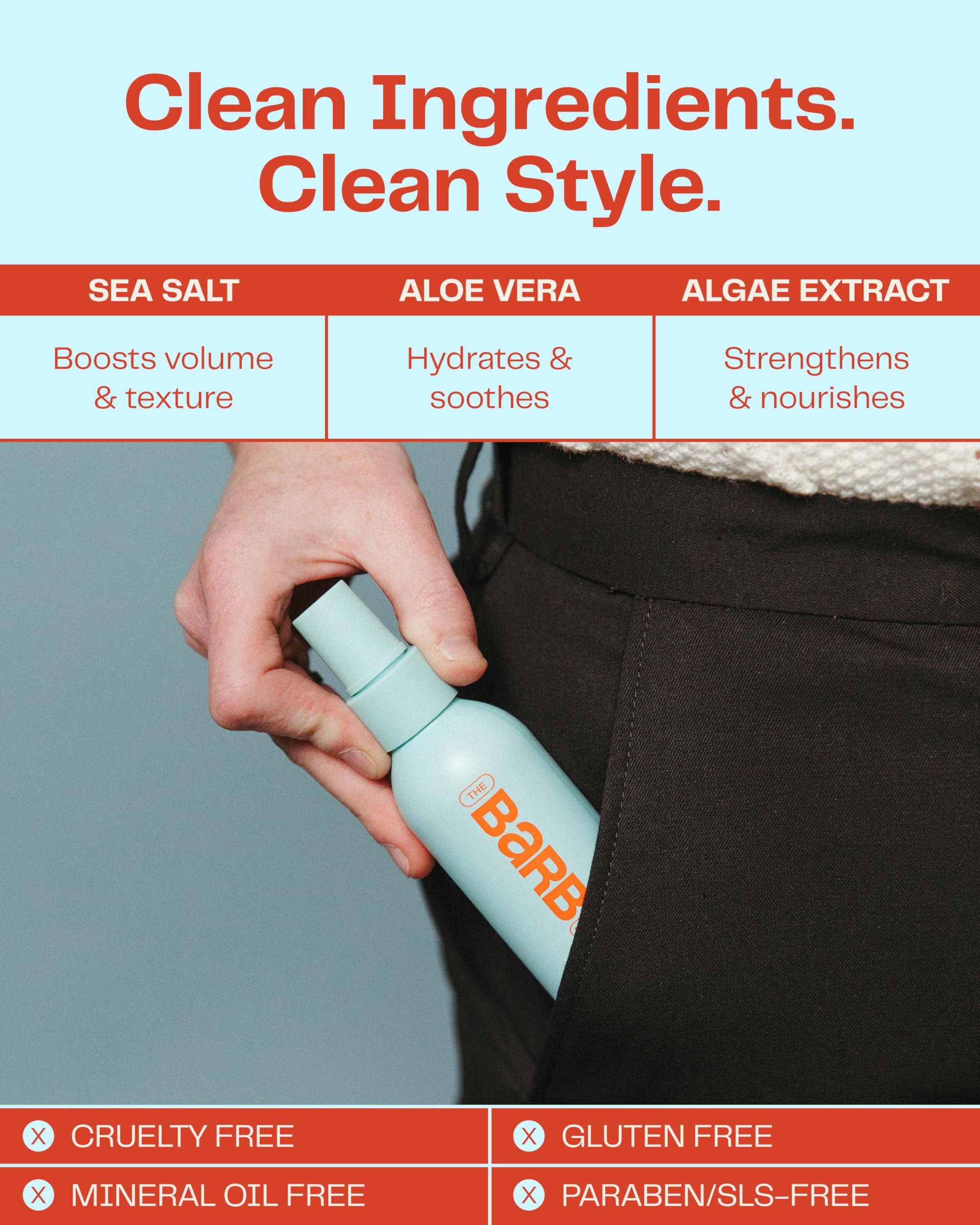 The Barb Shop Barb Sea Salt Spray provides curl-friendly texture for easy styling.