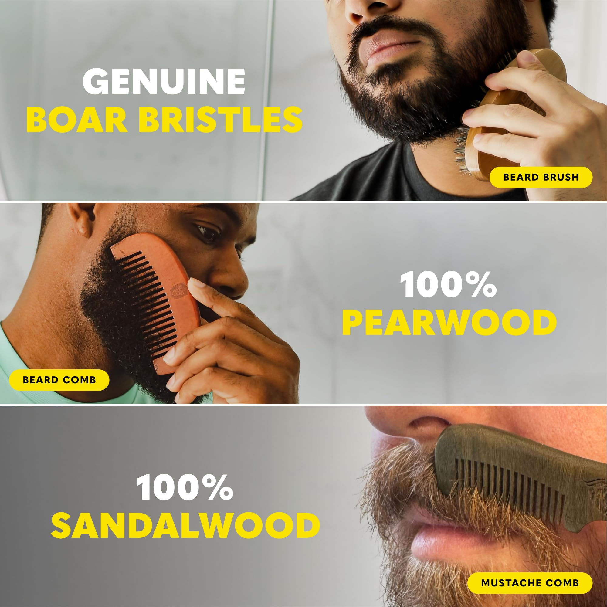 The Beard Club combs and boar-bristle brush aiding detangling and styling.