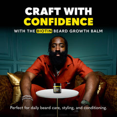 Open The Beard Club Biotin Beard Balm with amber cedar scent note visible.