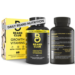 The Beard Club Biotin beard growth vitamins bottle front supports thicker beard health