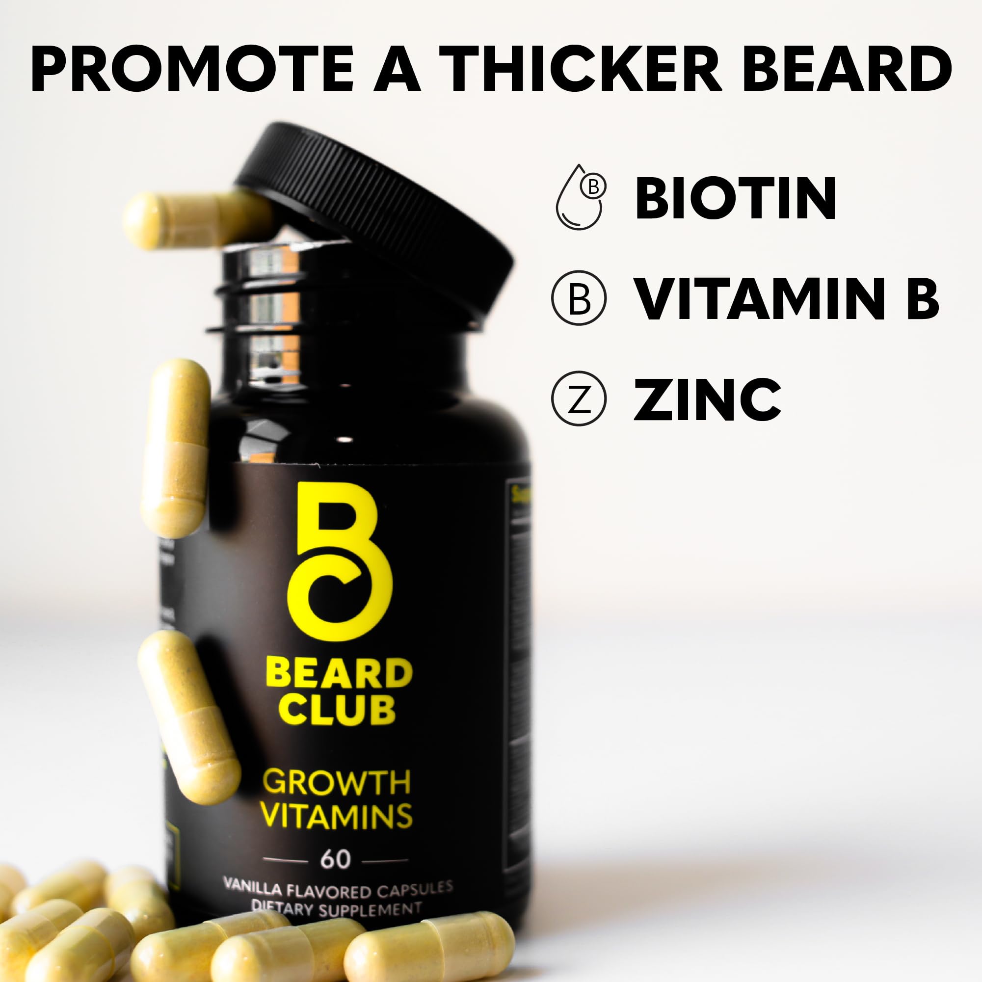 The Beard Club vitamins jar view emphasizes growth accelerants and essential nutrients