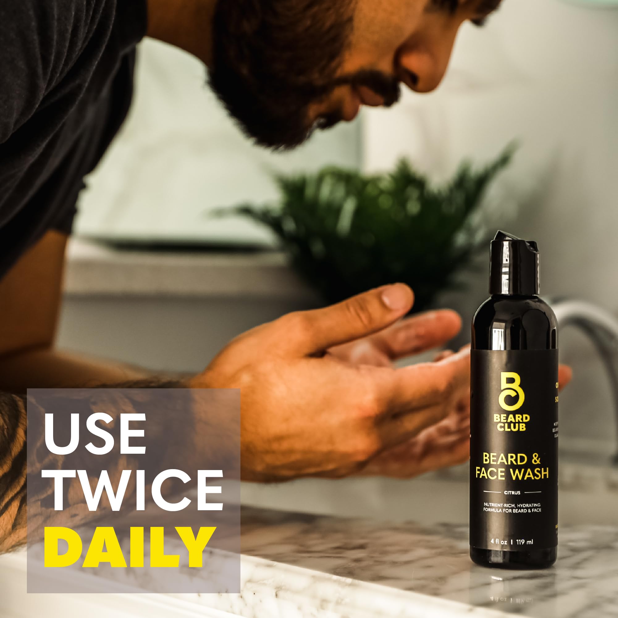 The Beard Club Citrus Beard & Face Wash showing a rinse action implies mild cleansing.