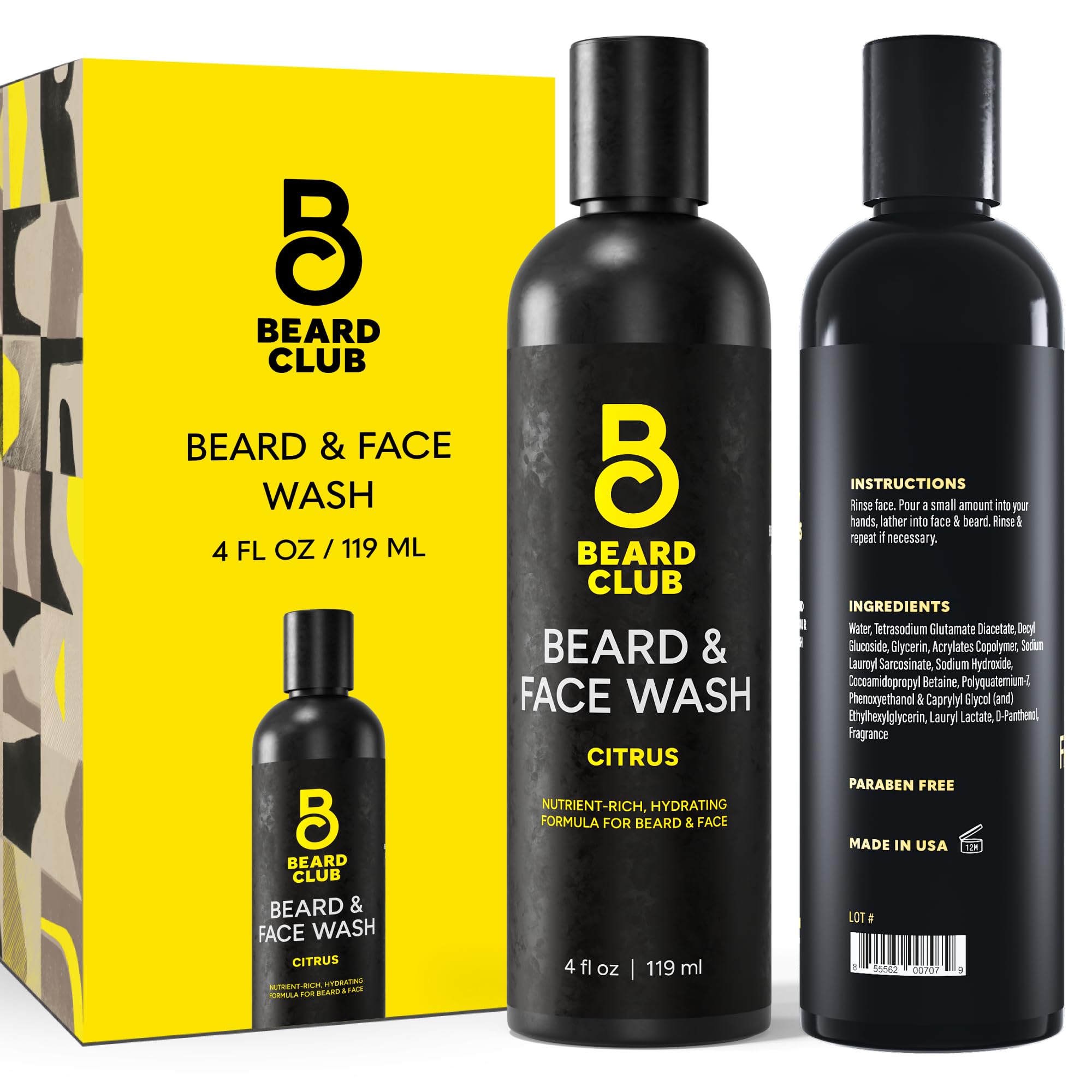 The Beard Club Citrus Beard & Face Wash bottle on a shelf delivers a refreshing citrus cleanse.