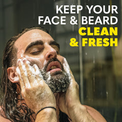 The Beard Club Citrus Beard & Face Wash close-up of rich lather shows gentle cleansing for beard and skin.
