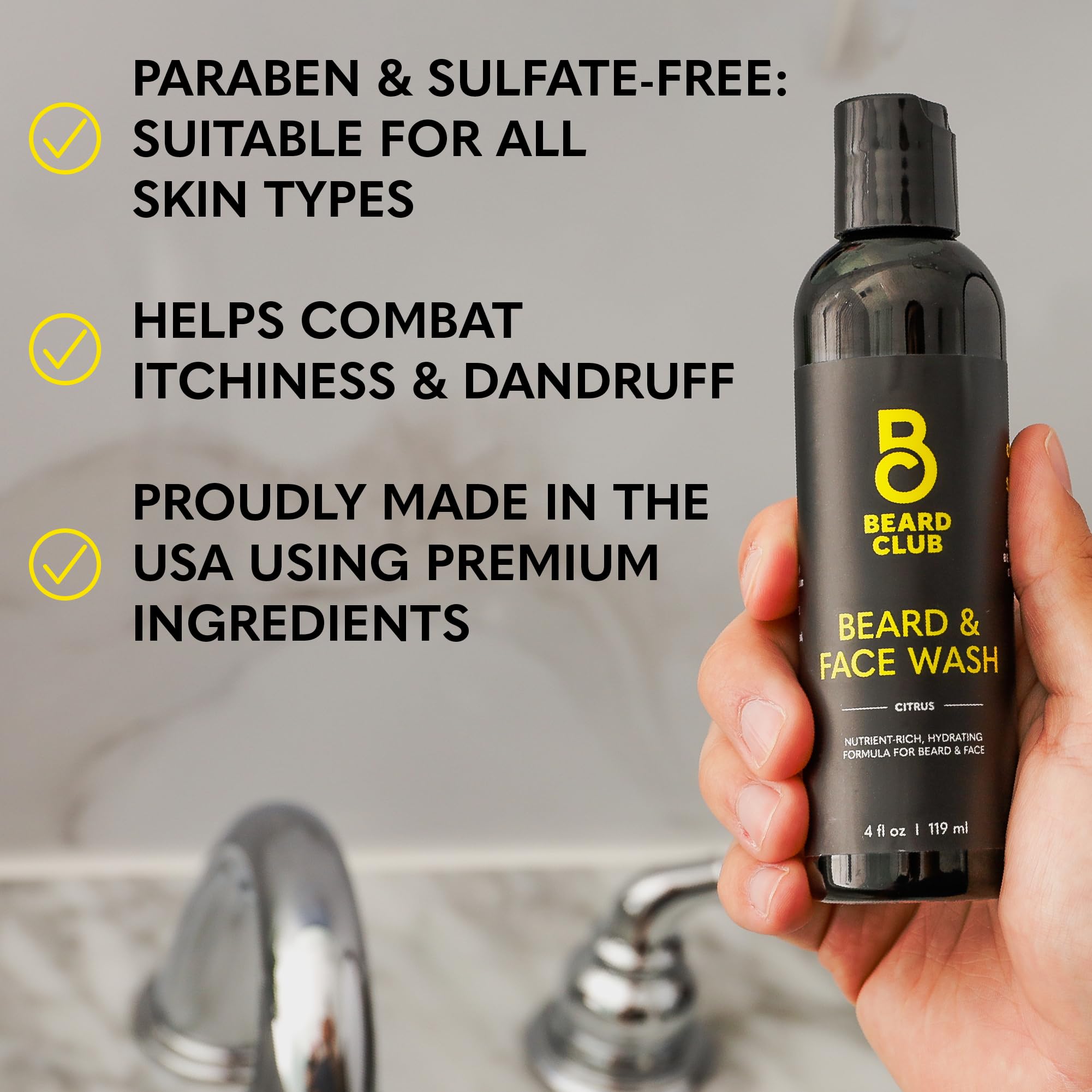 The Beard Club Citrus Beard & Face Wash beside a towel suggests refreshing post-shower skin care.
