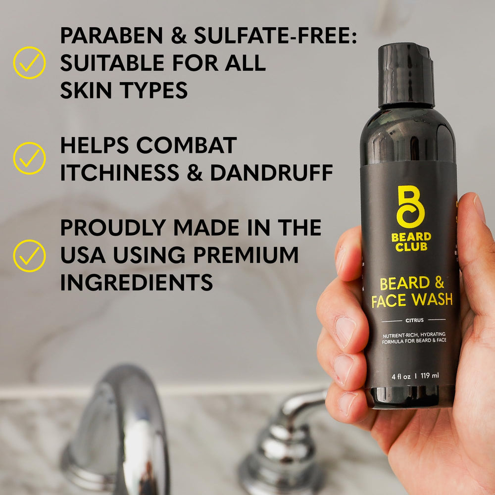 The Beard Club Citrus Beard & Face Wash beside a towel suggests refreshing post-shower skin care.