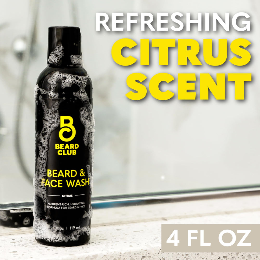 The Beard Club Citrus Beard & Face Wash on the sink helps reduce beard itch gently.
