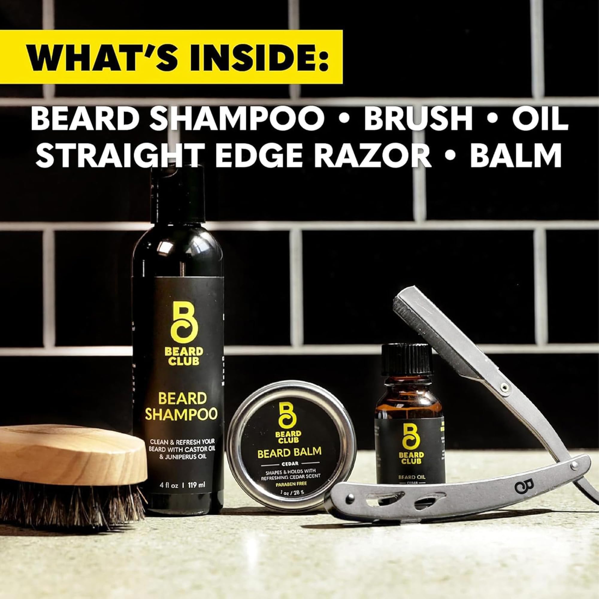 The Beard Club complete grooming kit display shows curated essentials.