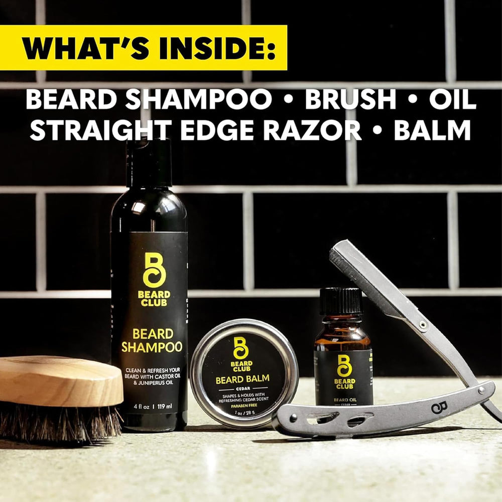 The Beard Club complete grooming kit display shows curated essentials.