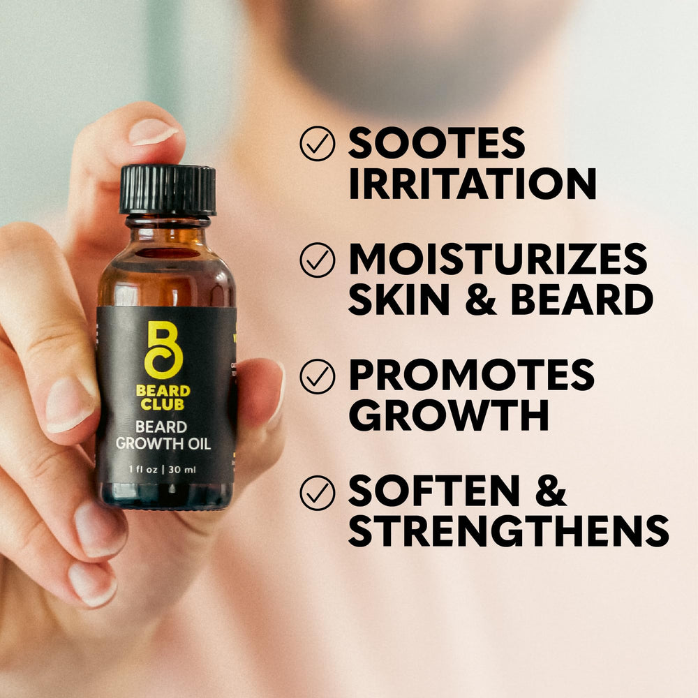 The Beard Club Growth Oil being massaged into beard for hydration and even coverage.