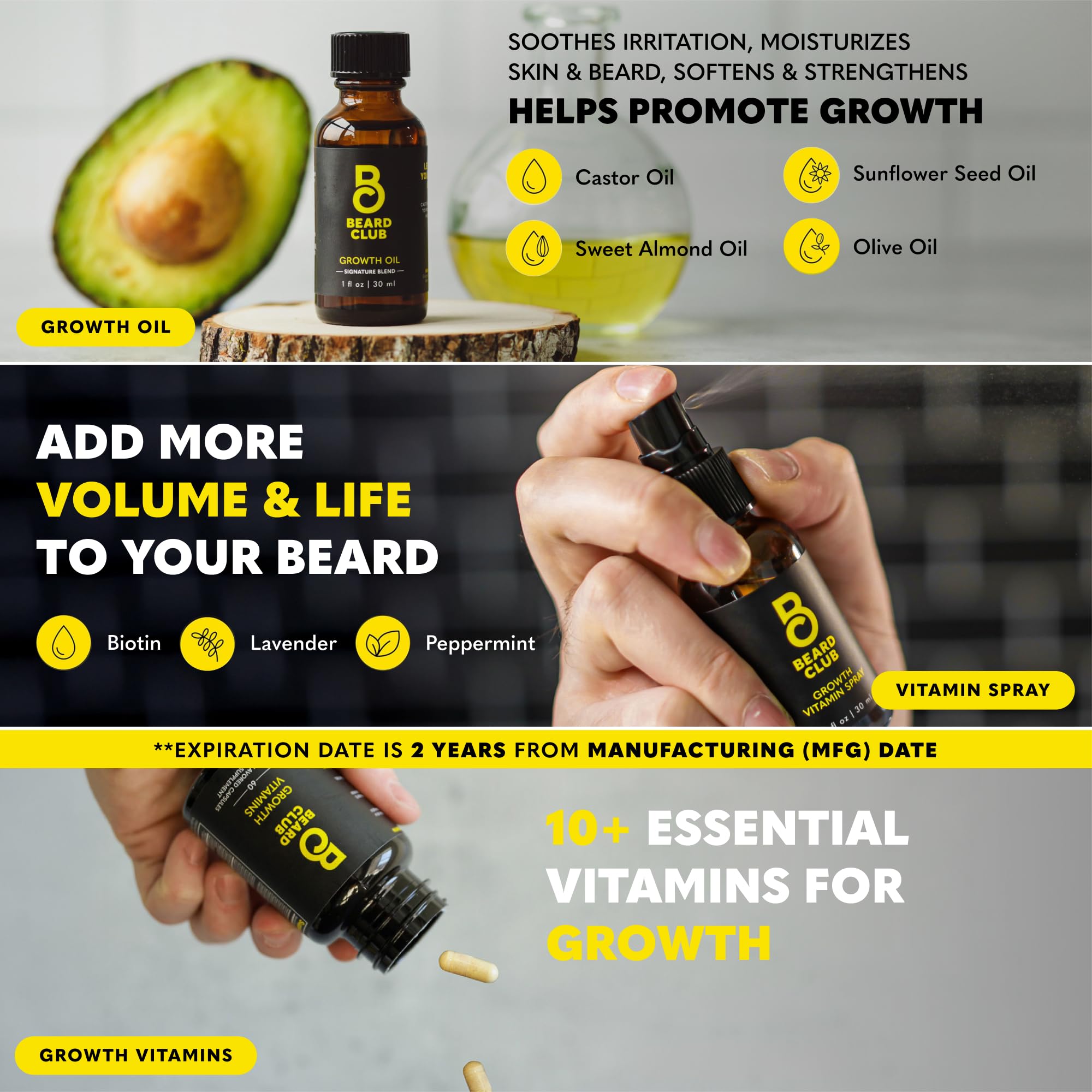 The Beard Club growth oil bottle highlighting castor and cedar for roots and skin.