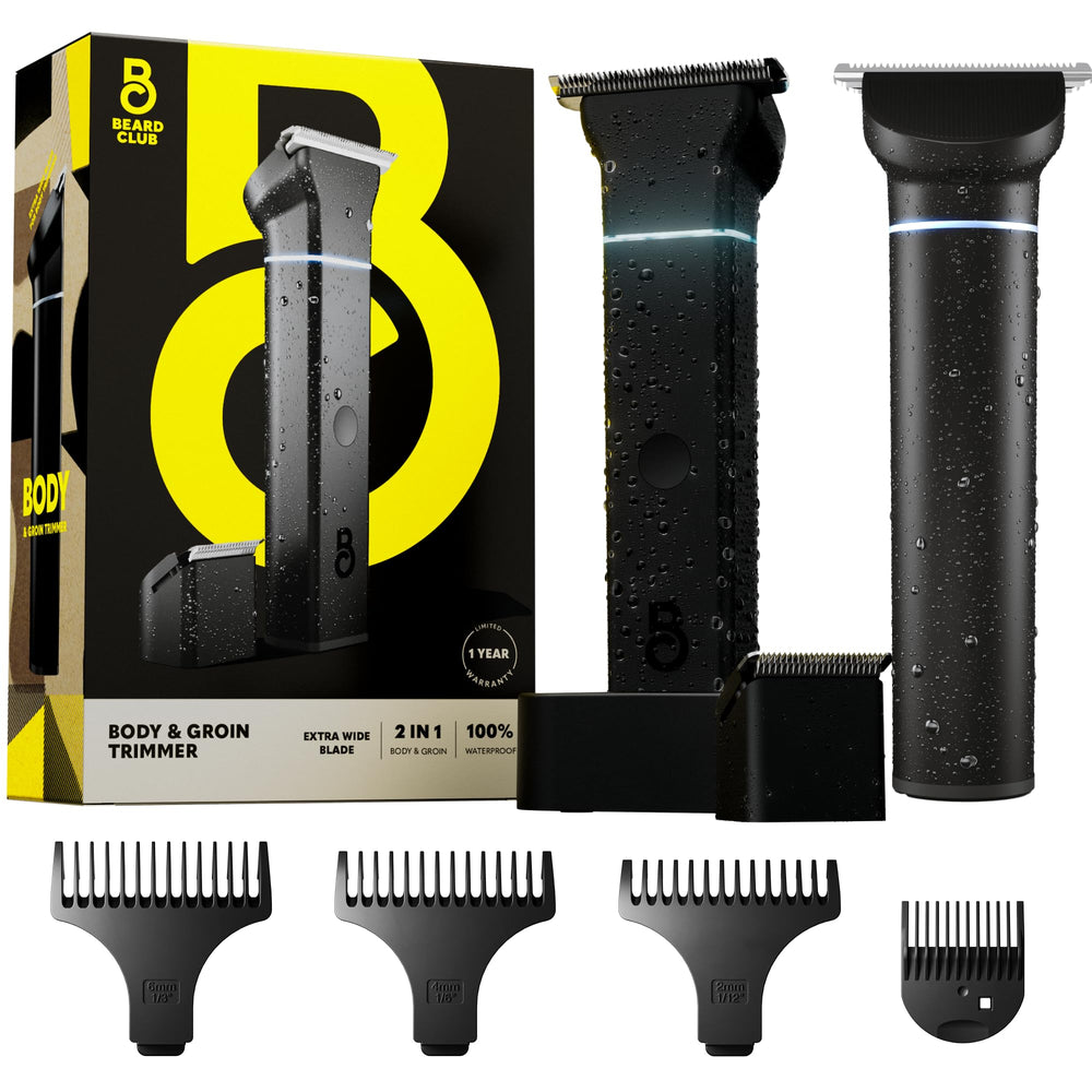 The Beard Club manscape trimmer with interchangeable magnetic heads for quick full-body grooming.