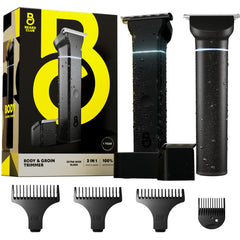 The Beard Club manscape trimmer with interchangeable magnetic heads for quick full-body grooming.