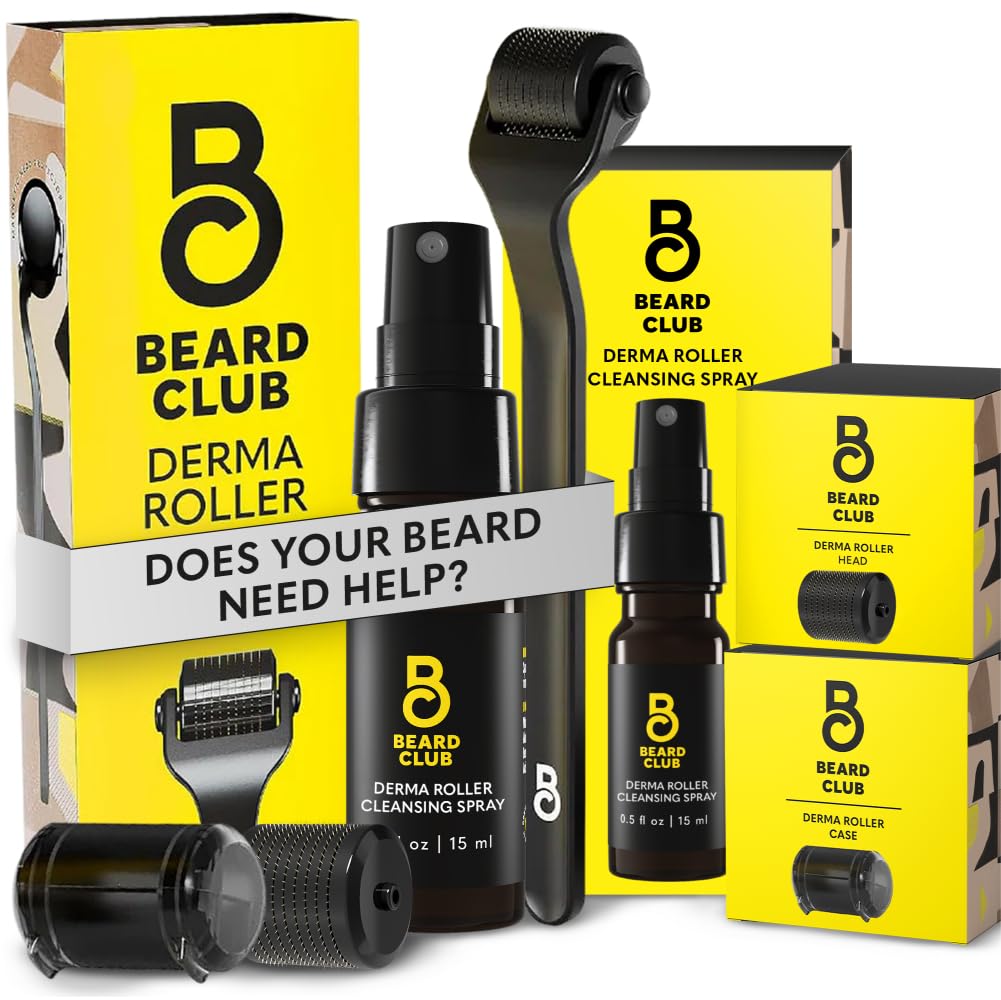 The Beard Club Premium Derma Roller close-up shows 540 titanium needles for precise micro-needling.