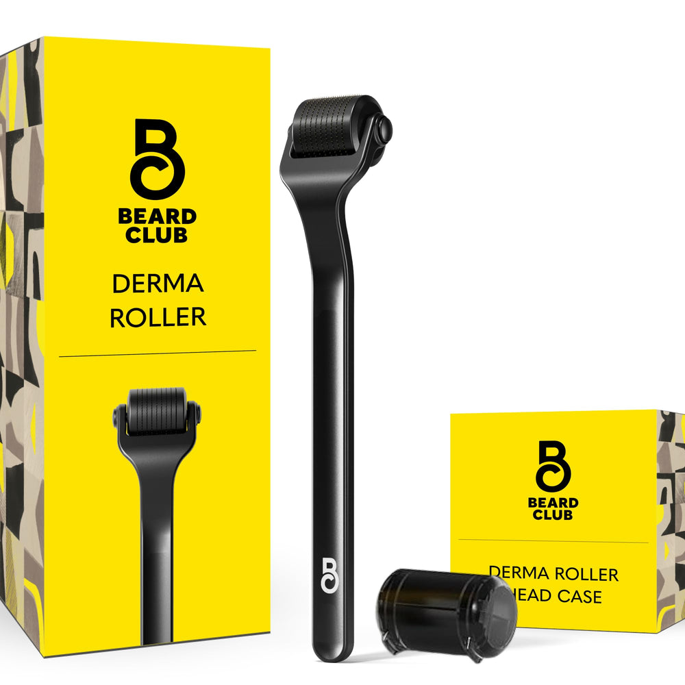 The Beard Club Premium Derma Roller face close-up for smoother skin and grooming prep.