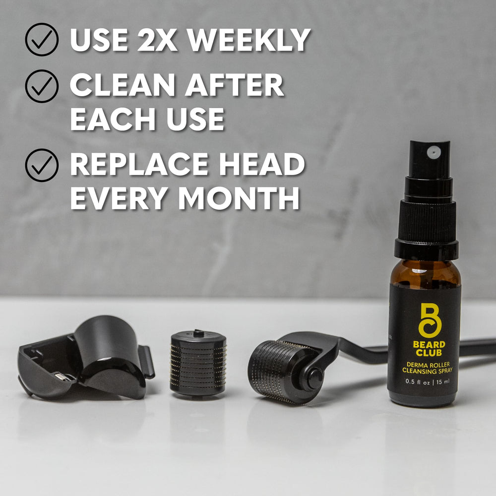 The Beard Club Premium Derma Roller grooming-routine setup shown for at-home microneedling.
