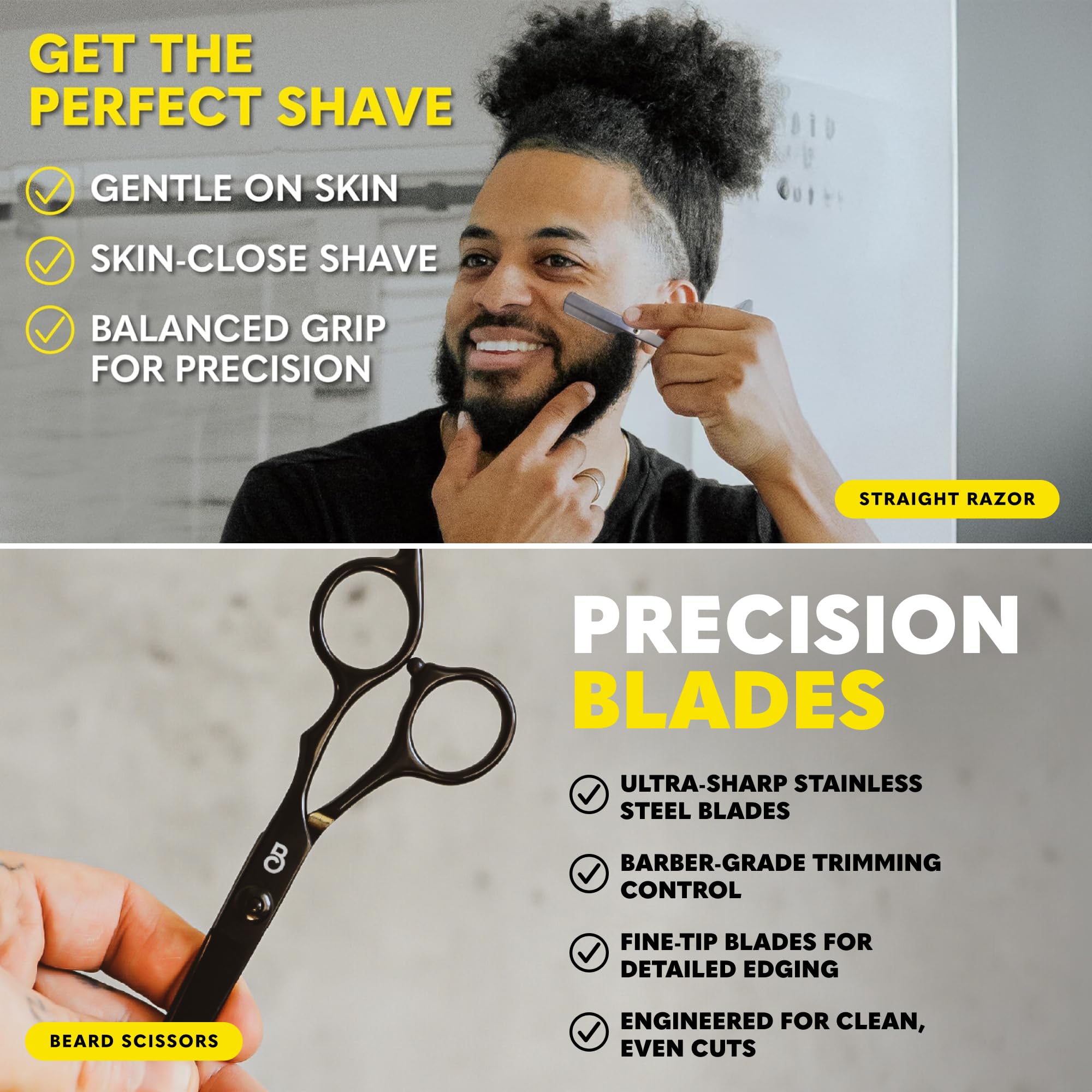 The Beard Club razor and scissors set capturing barber-quality precision.