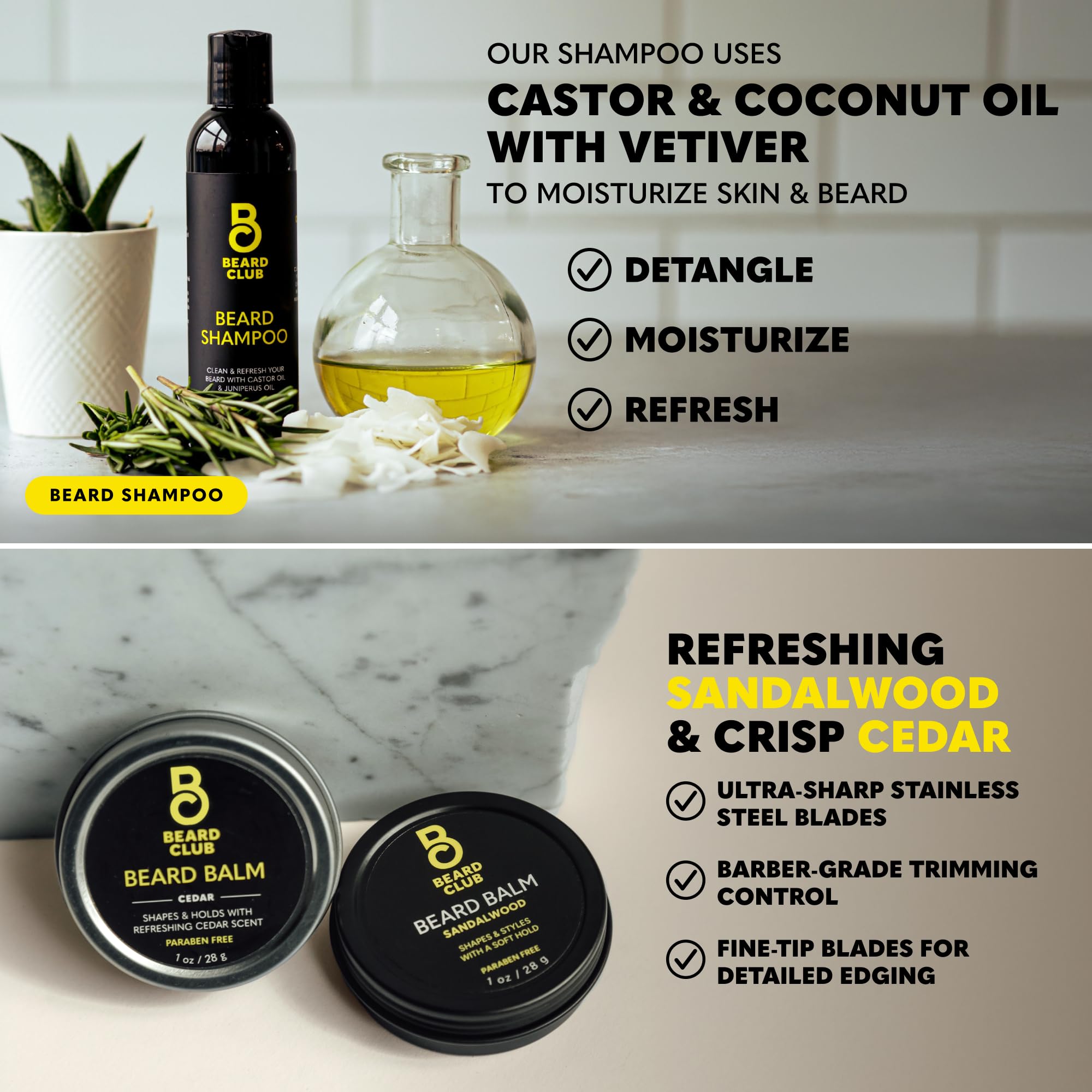 The Beard Club shampoo and cedar-sandalwood balms for cleansing and hold.