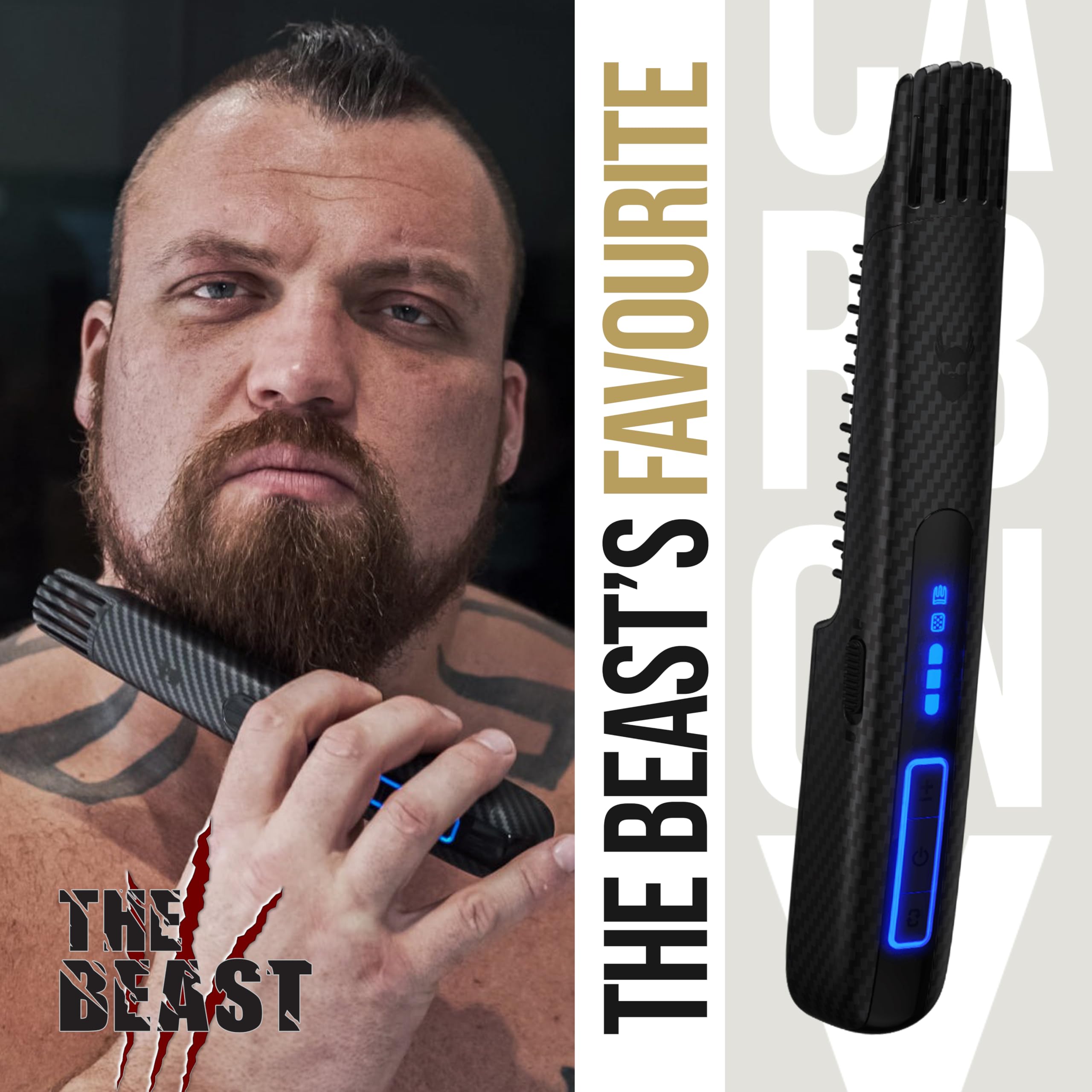 The Beard Struggle Carbon X packaging demonstrates the tool and care accessories.