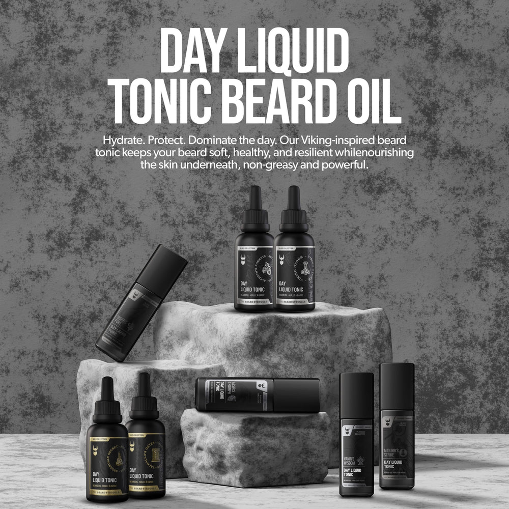 The Beard Struggle Day Liquid Tonic droplet indicates quick absorption for effortless grooming.
