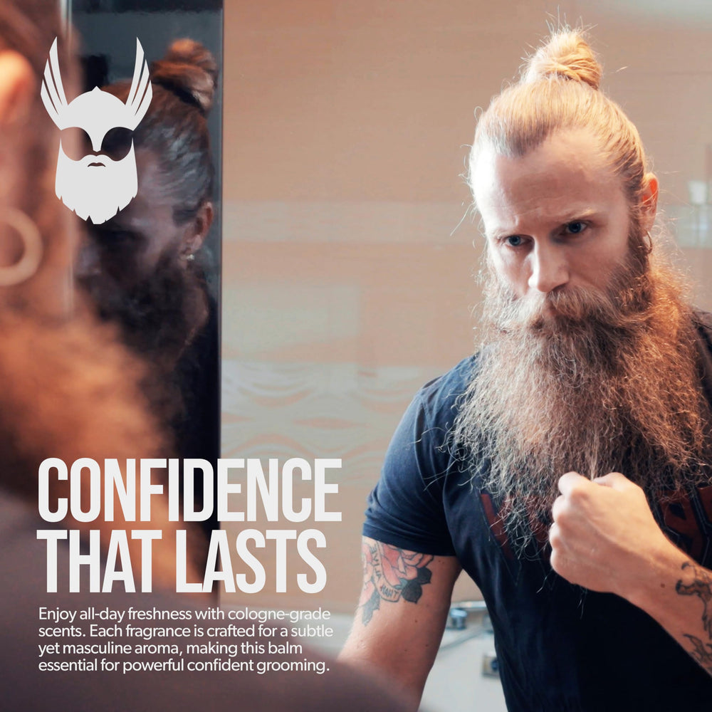 Lifestyle shot emphasizes versatile use for mustache and beard with Warrior’s Balm.