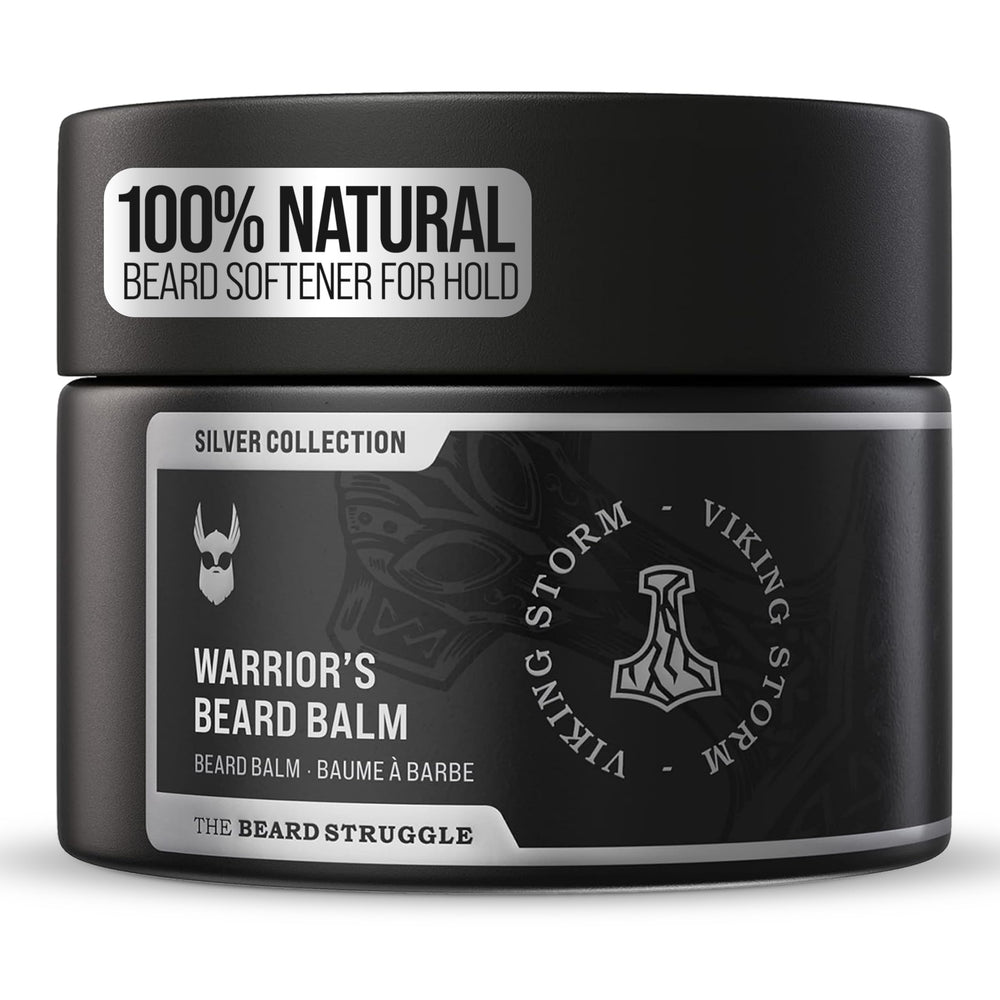 The Beard Struggle Warrior’s Beard Balm Viking Storm jar demonstrates natural conditioning for softer facial hair.