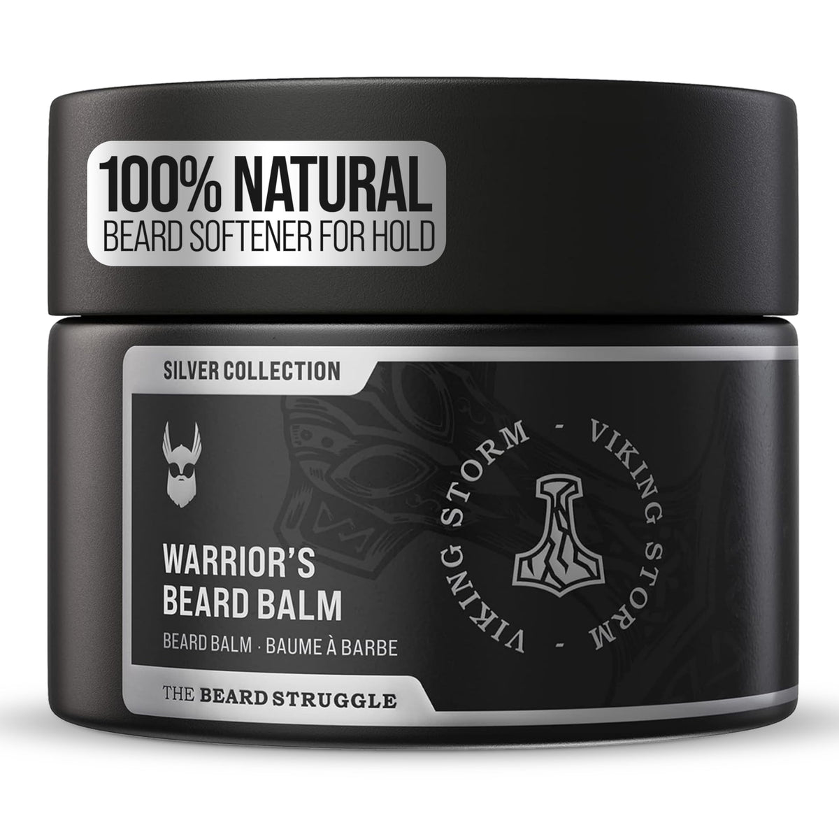 The Beard Struggle Warrior’s Beard Balm Viking Storm jar demonstrates natural conditioning for softer facial hair.