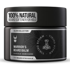 The Beard Struggle Warrior’s Beard Balm Viking Storm jar demonstrates natural conditioning for softer facial hair.