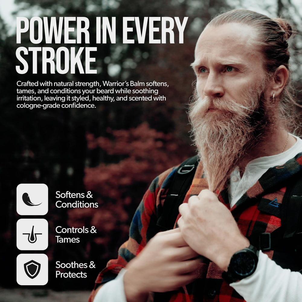 Wooden-dresser setup conveys premium grooming ritual with Viking Storm balm.
