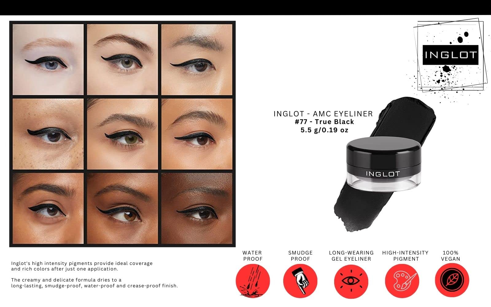INGLOT AMC Eyeliner Gel 77 swirled for rich pigment and bold color.