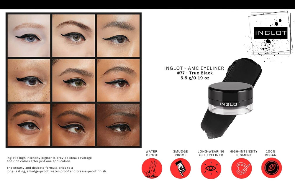 INGLOT AMC Eyeliner Gel 77 swirled for rich pigment and bold color.