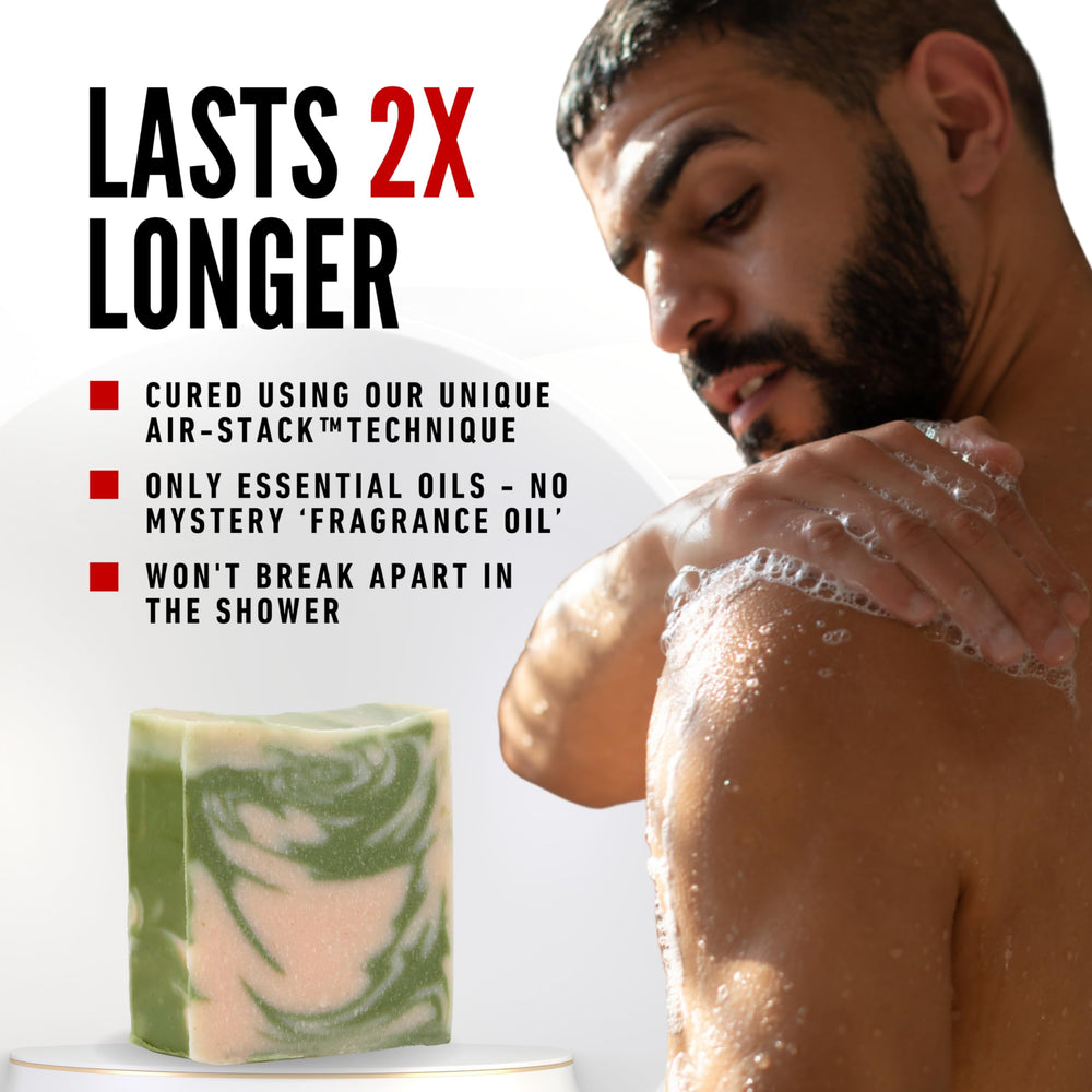 The Black Stuff bar soap lather shows creamy texture ideal for a refreshing shower.