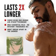 The Black Stuff bar soap lather shows creamy texture ideal for a refreshing shower.