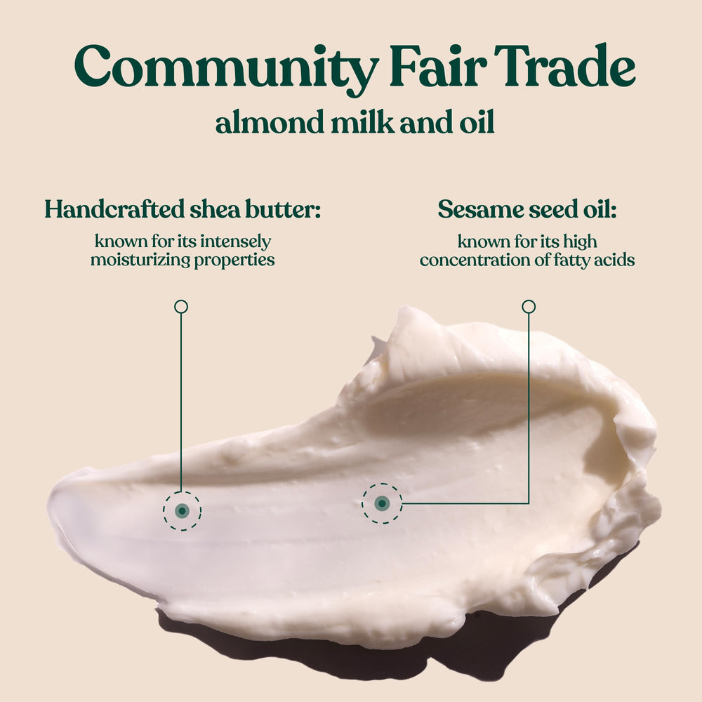The Body Shop Almond Milk Body Butter spread application shows smooth, quick-absorb moisturization