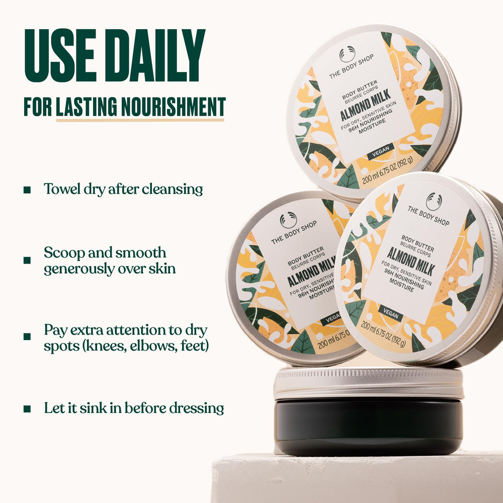 The Body Shop Almond Milk Body Butter on bathroom shelf ready for daily care