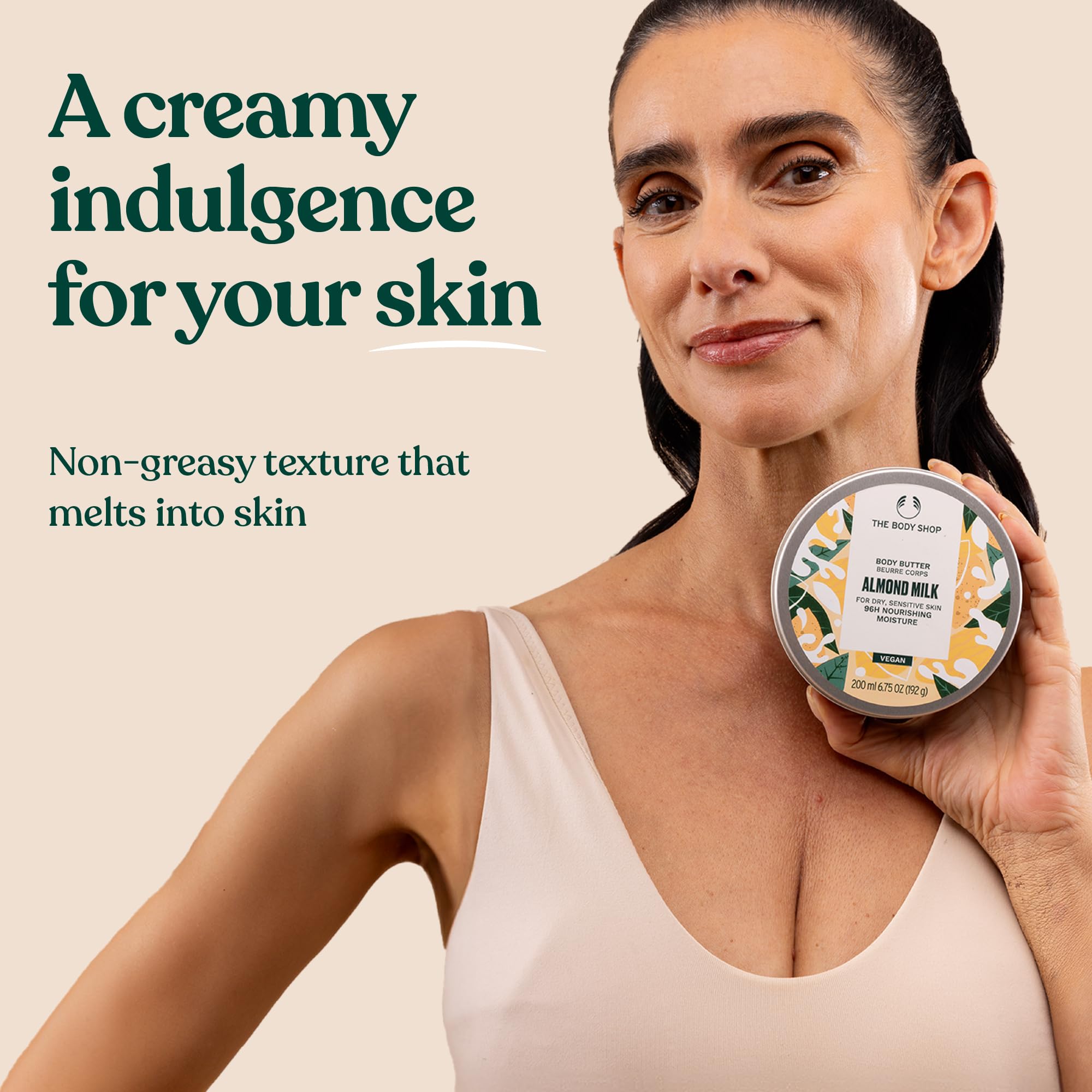 The Body Shop Almond Milk Body Butter vegan label highlights plant-based formula