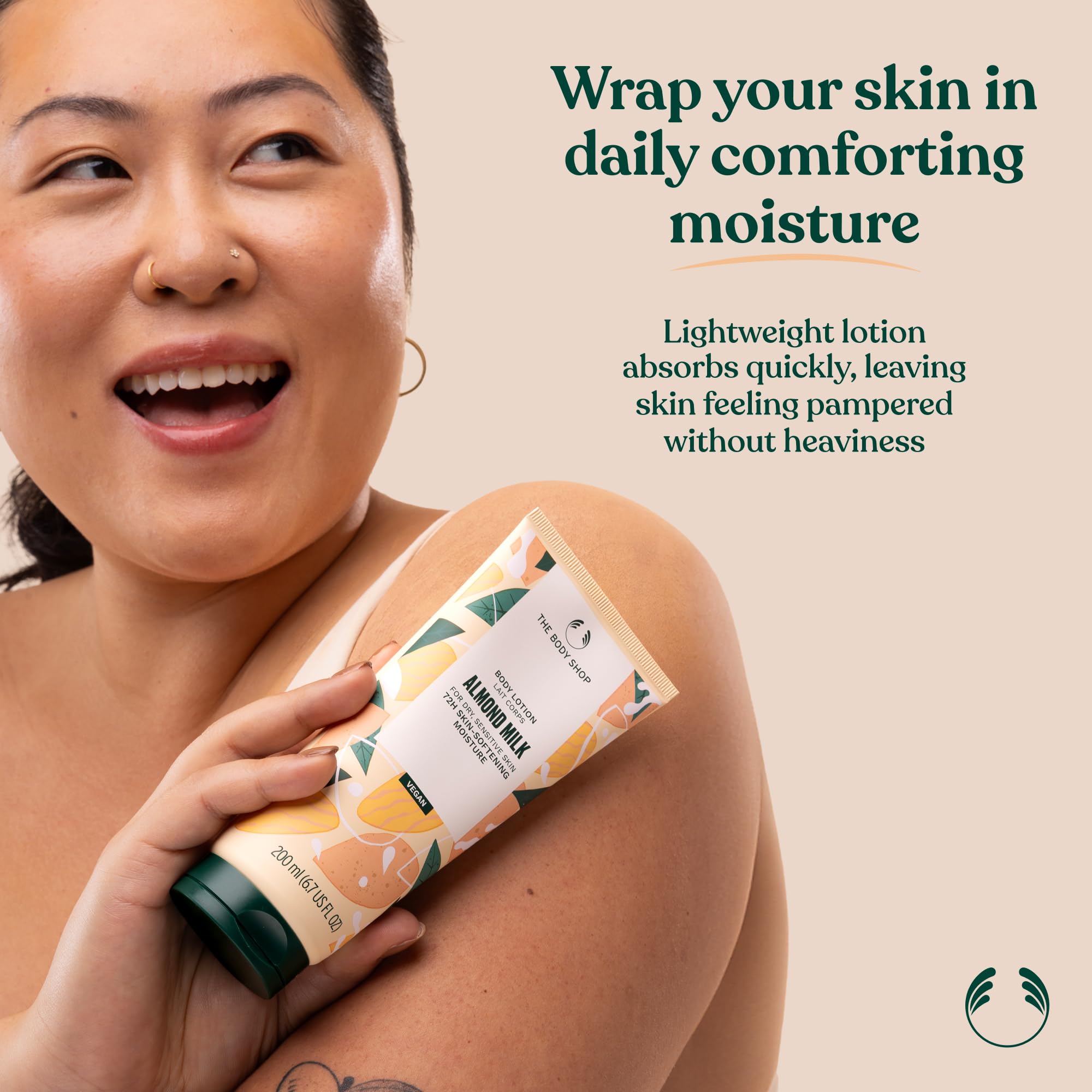 The Body Shop Almond Milk and Honey bottle with ingredients from Spain and Ethiopia.