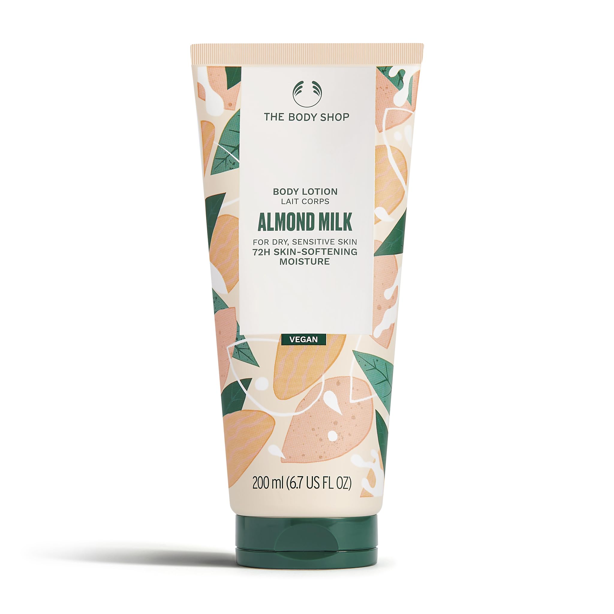 The Body Shop Almond Milk and Honey lotion tube close-up for lightweight, hydrating moisture.