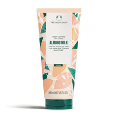 The Body Shop Almond Milk and Honey lotion tube close-up for lightweight, hydrating moisture.