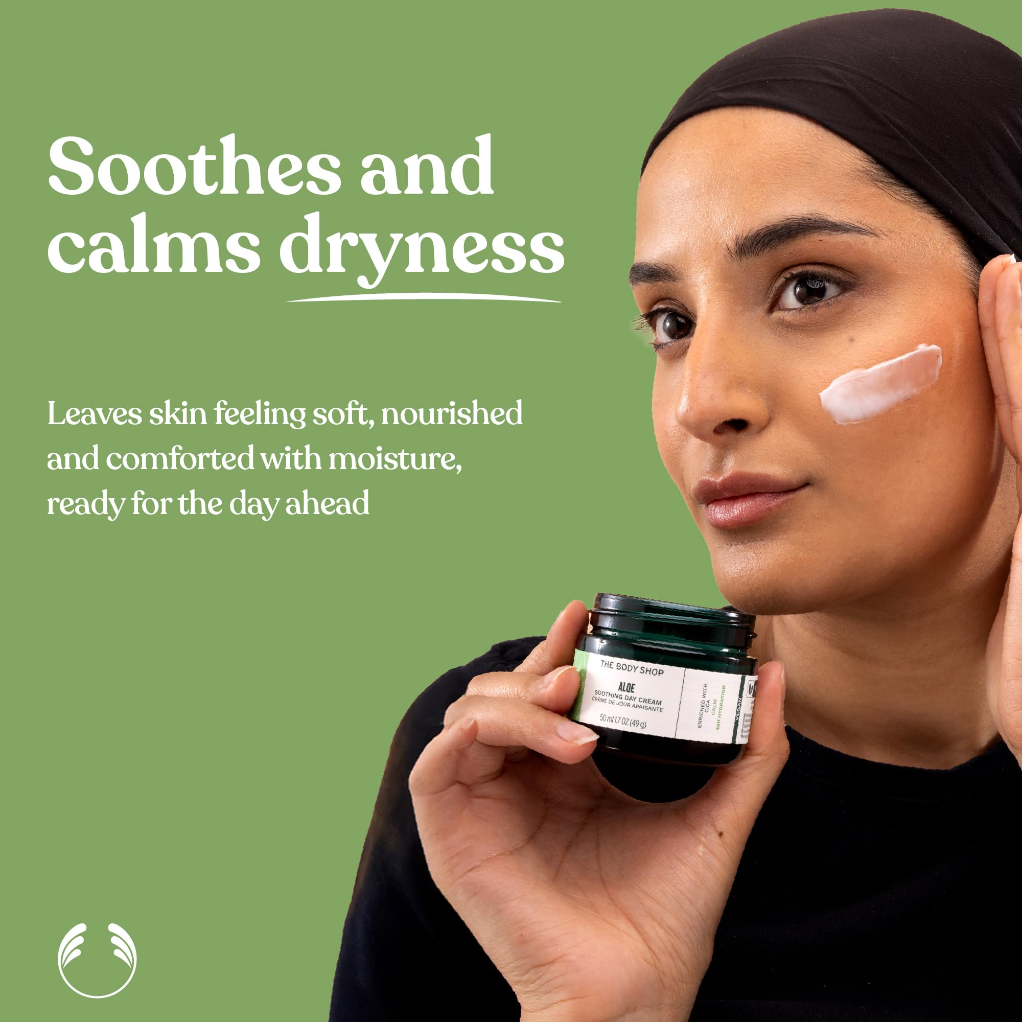 Aloe vera and cica imagery highlights natural-origin ingredients for calming care.