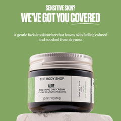 The Body Shop Aloe Vera Day Cream packaging highlights recyclable glass jar and aluminum lid for sustainable use.