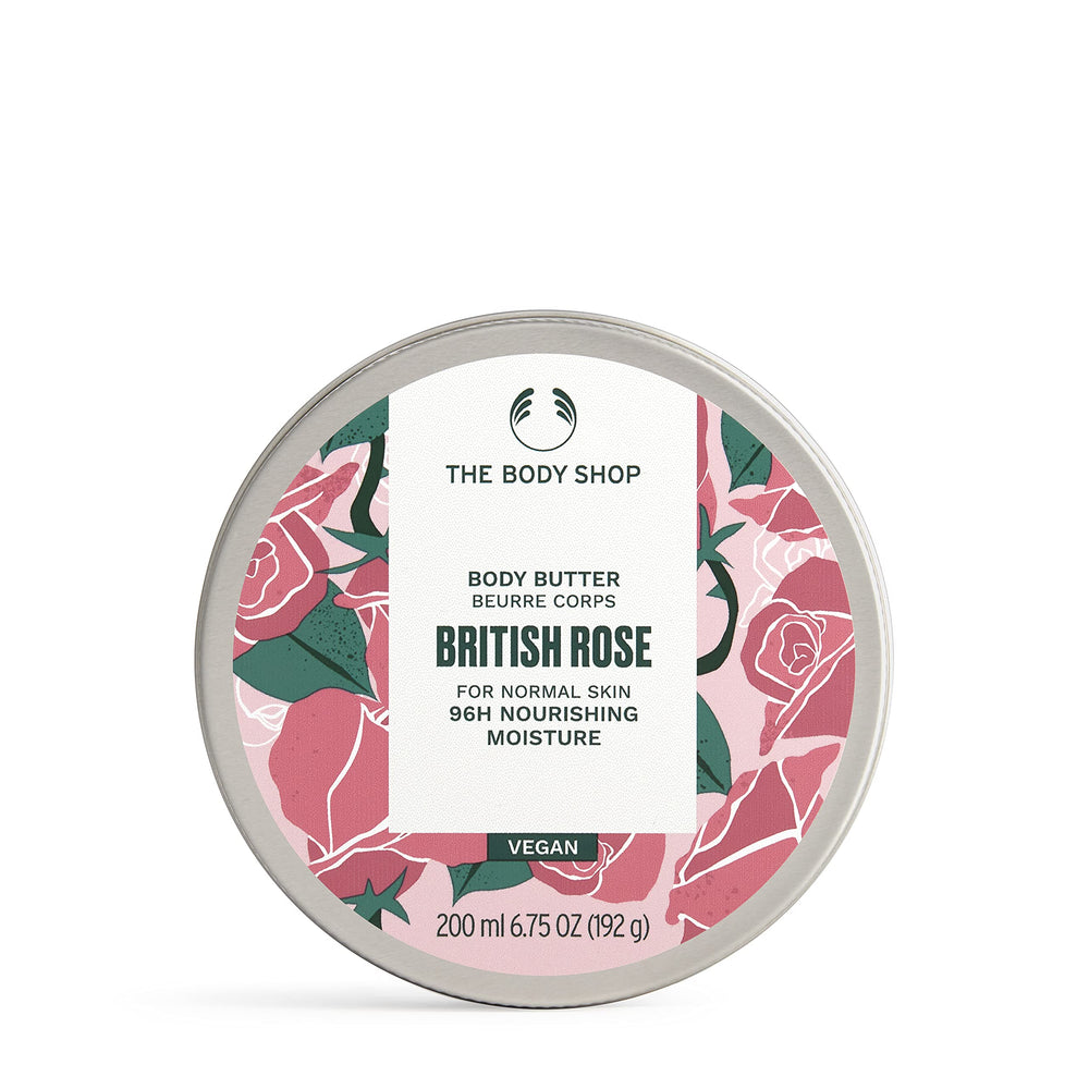 The Body Shop British Rose Body Butter tub demonstrates rich moisturization for normal skin.