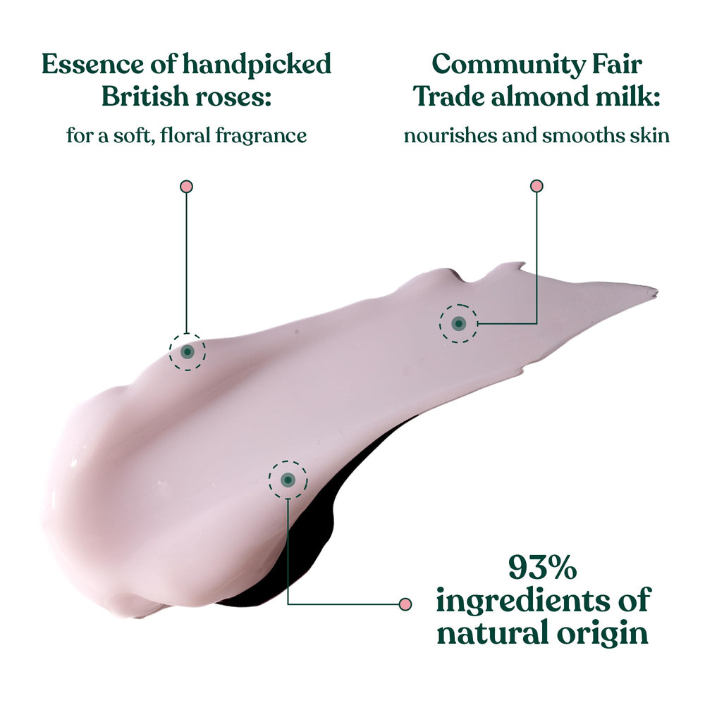 The Body Shop British Rose Body Yogurt enriched with community trade almond milk from Spain for softness.