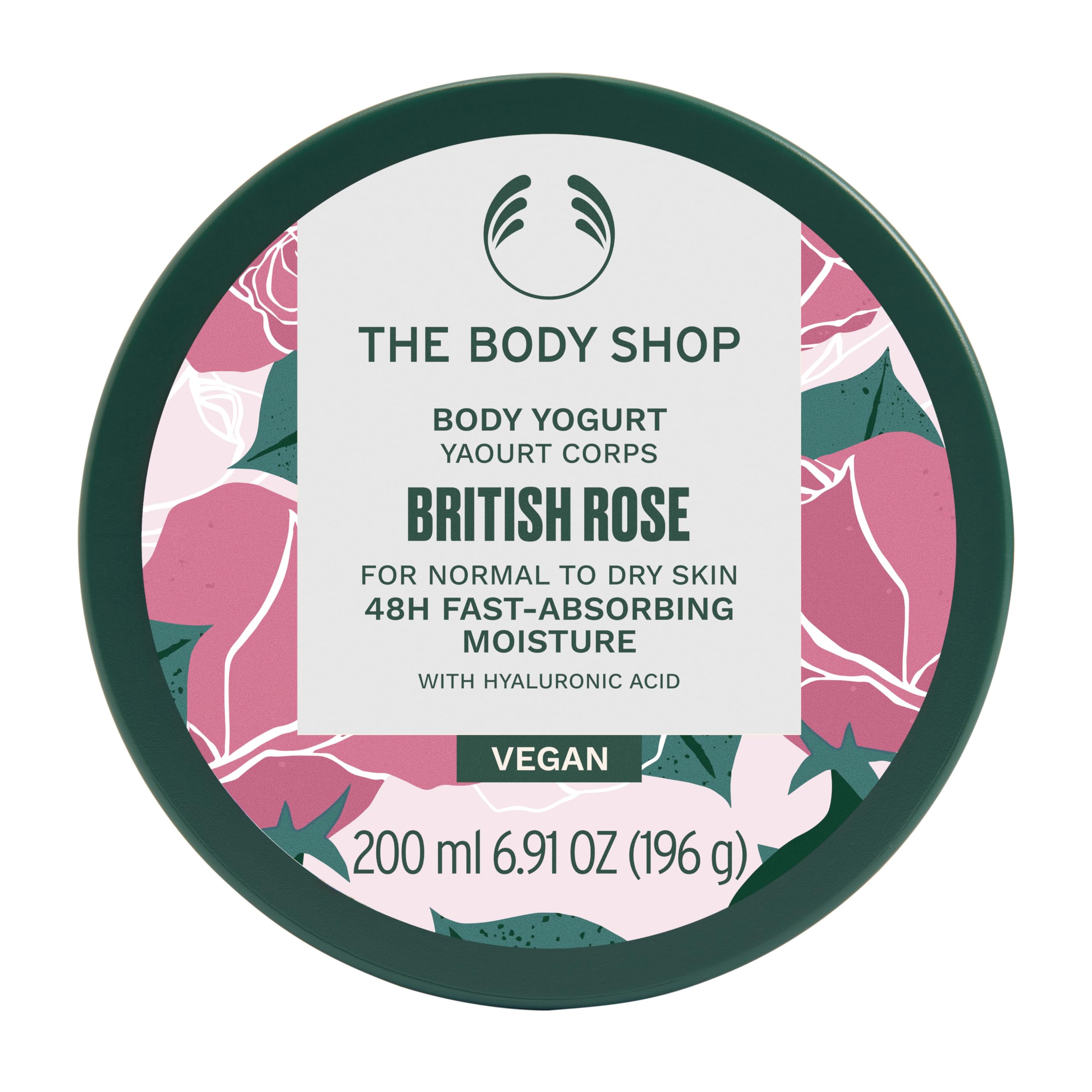The Body Shop British Rose Body Yogurt bottle close-up shows quick-absorbing hydration for smooth skin.
