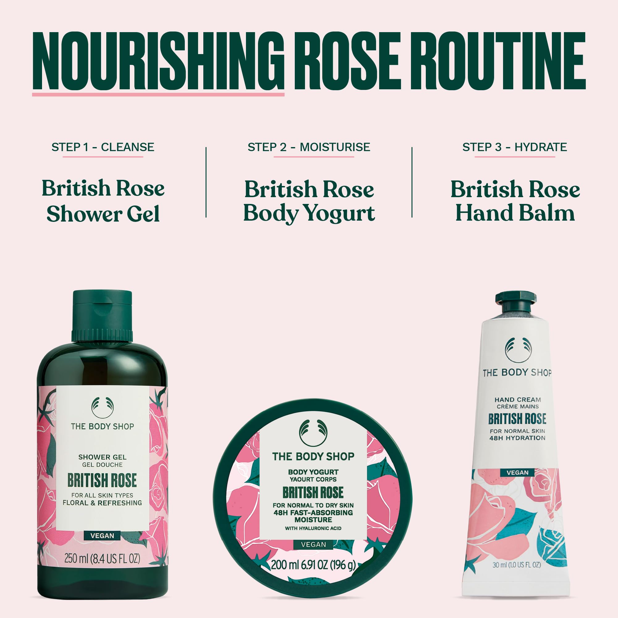 The Body Shop British Rose Body Yogurt features English rose and almond milk from sustainable sources.