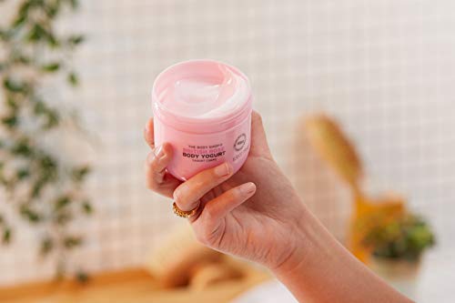 The Body Shop British Rose Body Yogurt applied to damp skin after showering for smoother feel.