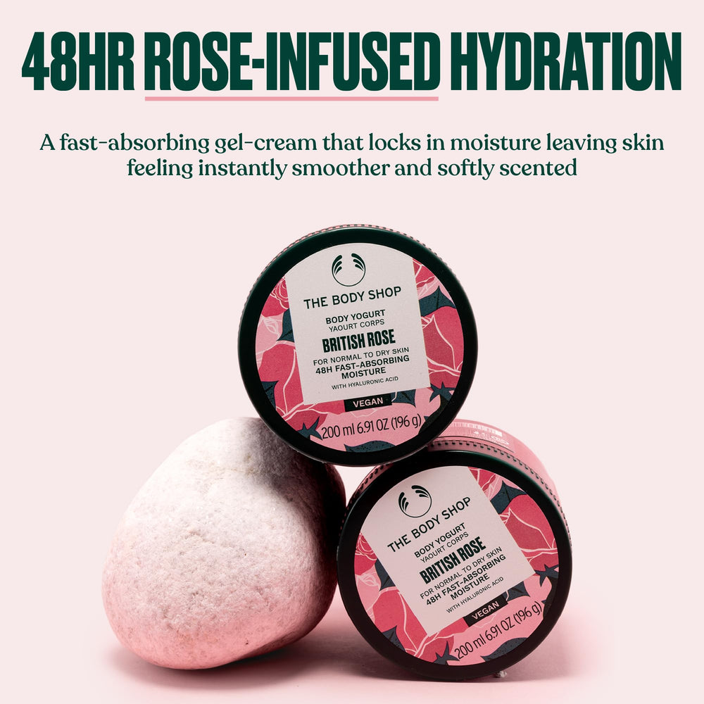 The Body Shop British Rose Yogurt being dispensed for quick absorption