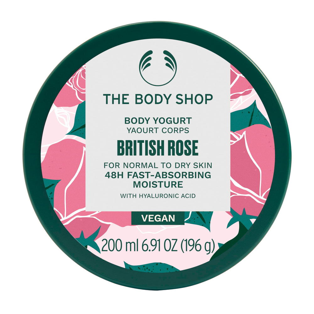 The Body Shop British Rose Body Yogurt jar with rose-scented formula